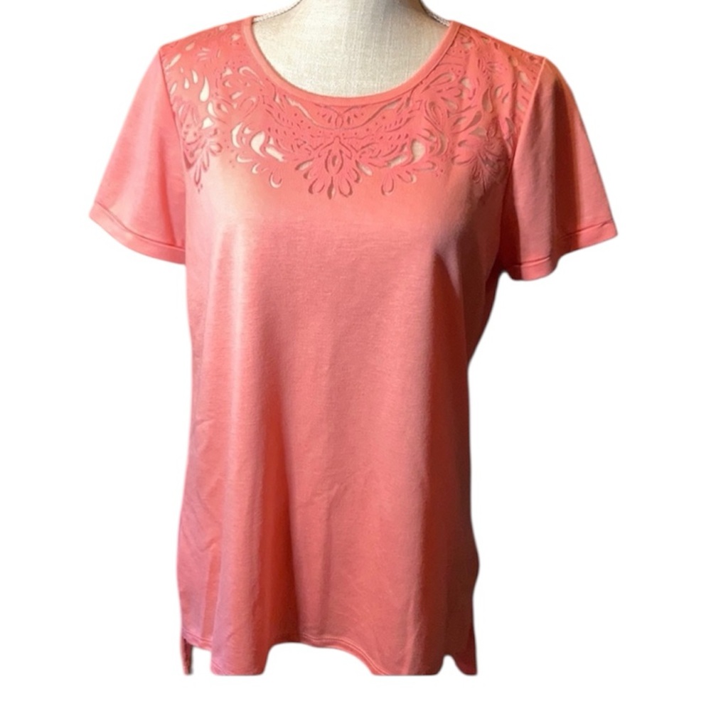 C. Wonder Coral Colored Laser Cut Lace Collared Top